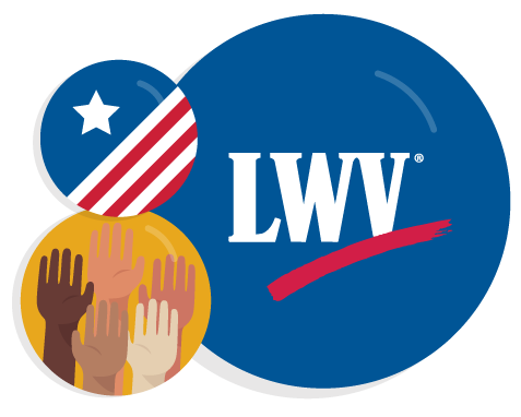 LWVH button pins with the logo and hand raised in democratic colorways