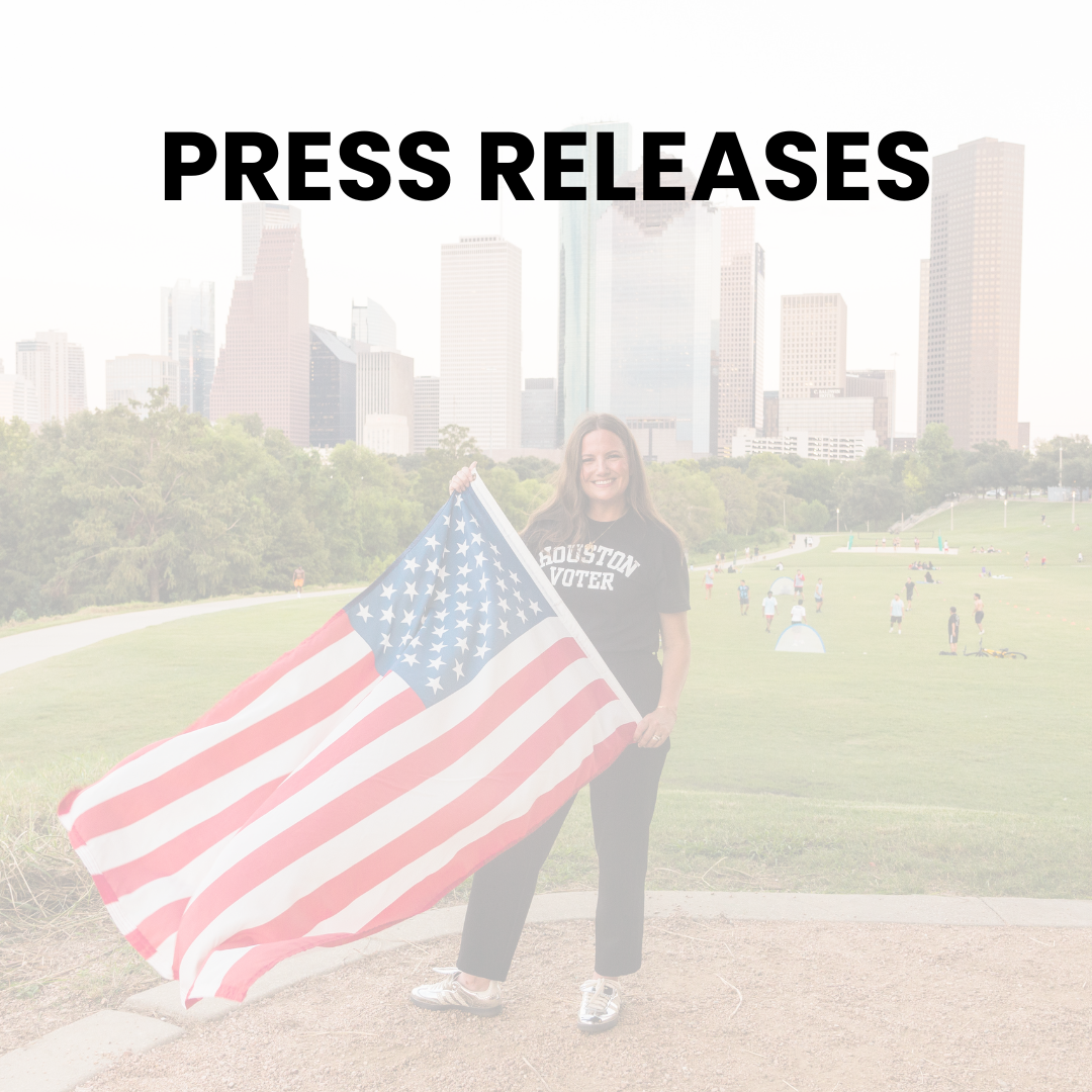 Woman holding American flag, Houston skyline background; 