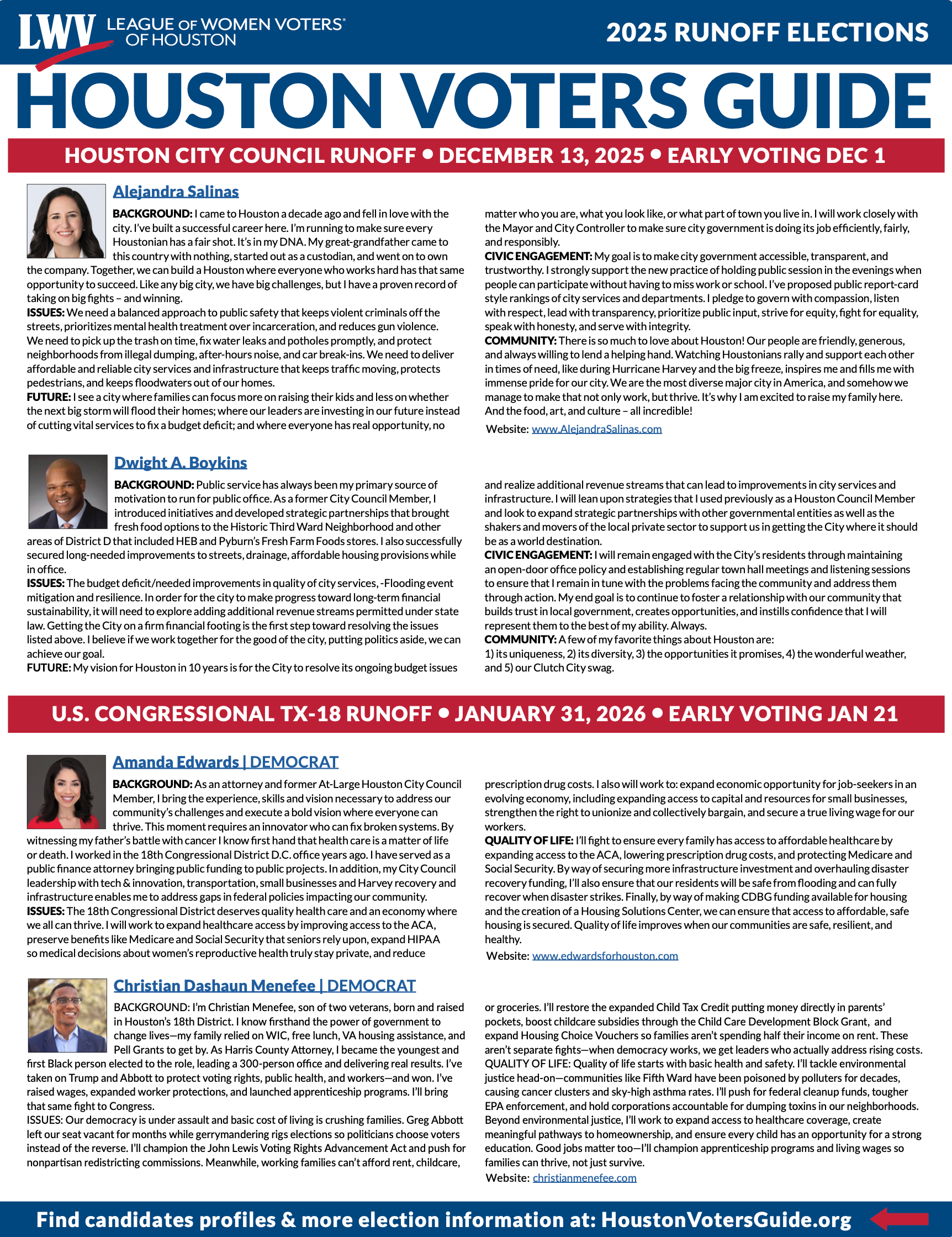 LWVH 2025 Runoff Election Voters guide one pager
