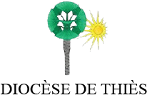 A logo for diocese de thies with a green tree and a yellow sun.