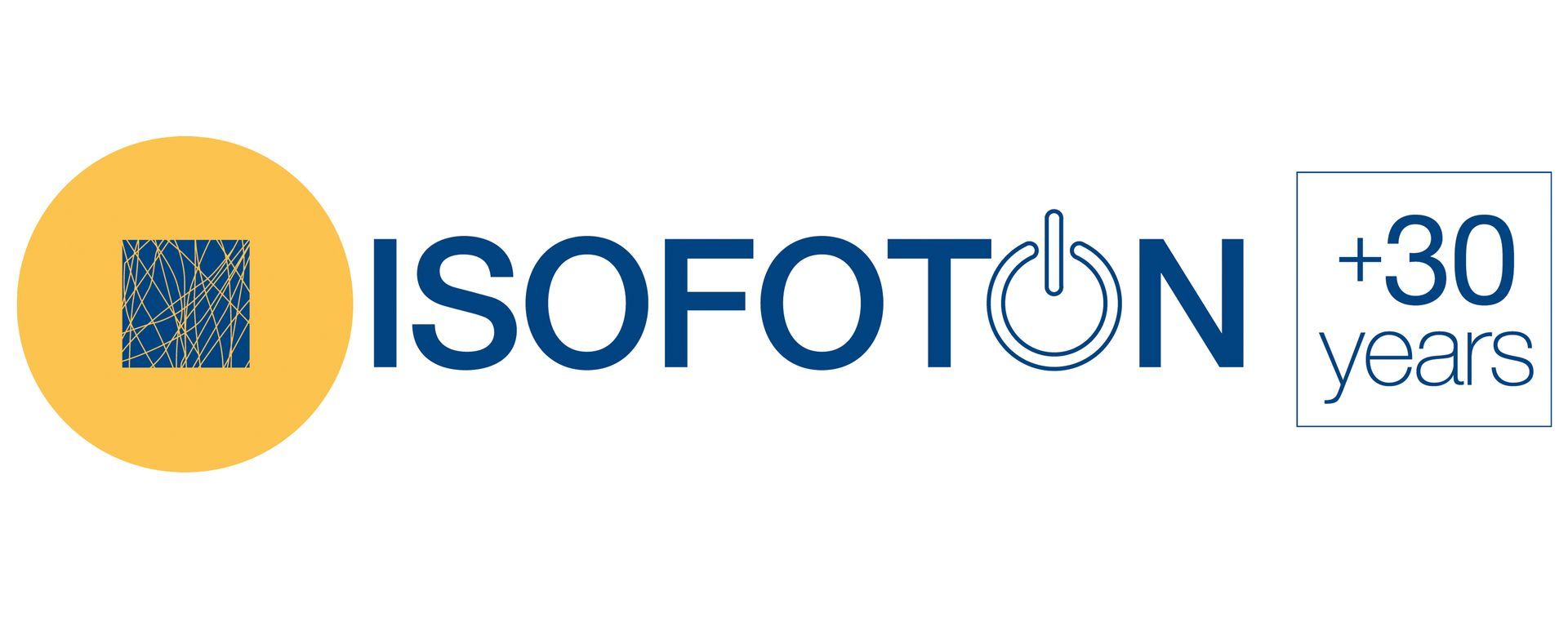 A blue and yellow logo for isofoton +30 years