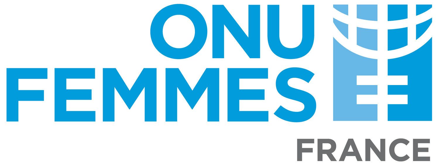 A blue and white logo for onu femmes france