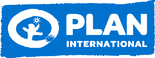 A blue and white logo for plan international