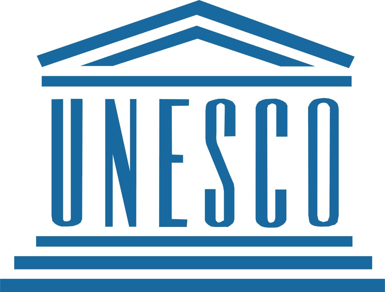 The unesco logo is blue and white and looks like a building.