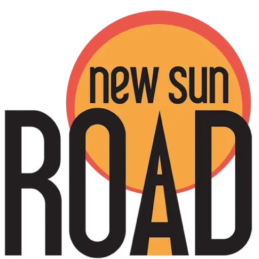A logo for new sun road with a sun in the center