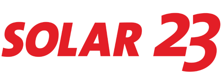 A red and white logo for solar 23 on a white background