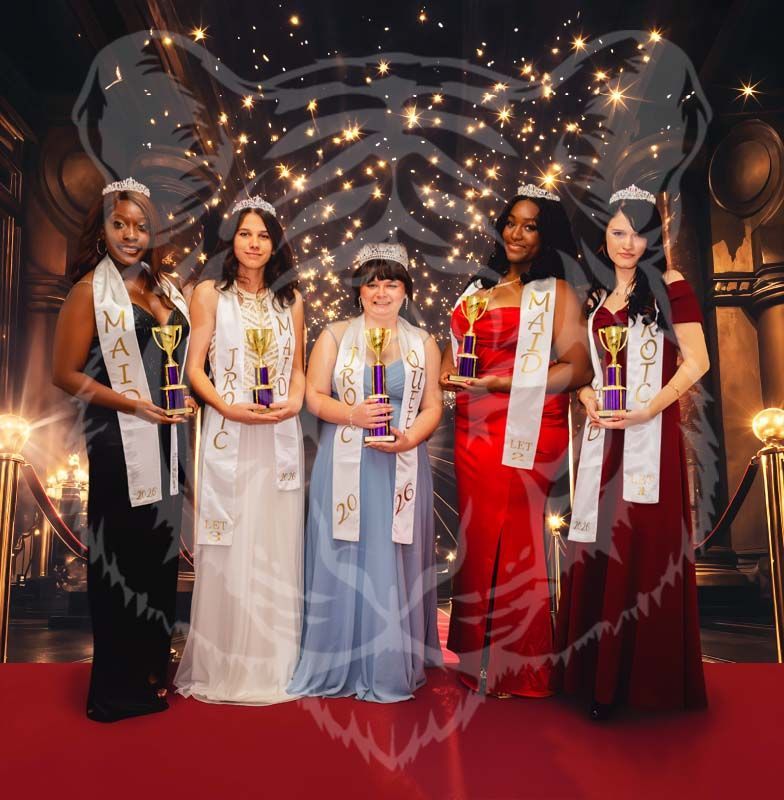 Five pageant winners in evening gowns stand on a red carpet, wearing sashes and tiaras while holding small trophies.