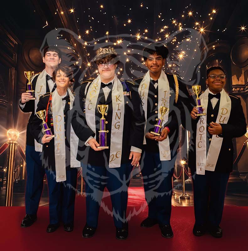 Five people in formal JROTC uniforms hold trophies while posing on a red carpet with a superimposed tiger graphic.