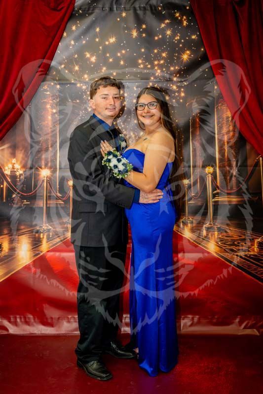 A couple poses for a photo in front of a red carpet backdrop with gold stanchions and star lights.