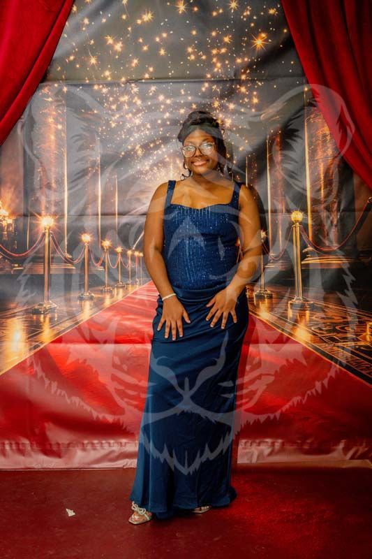 A smiling person stands in a blue gown on a red carpet backdrop with gold stanchions and star-like lights overhead.