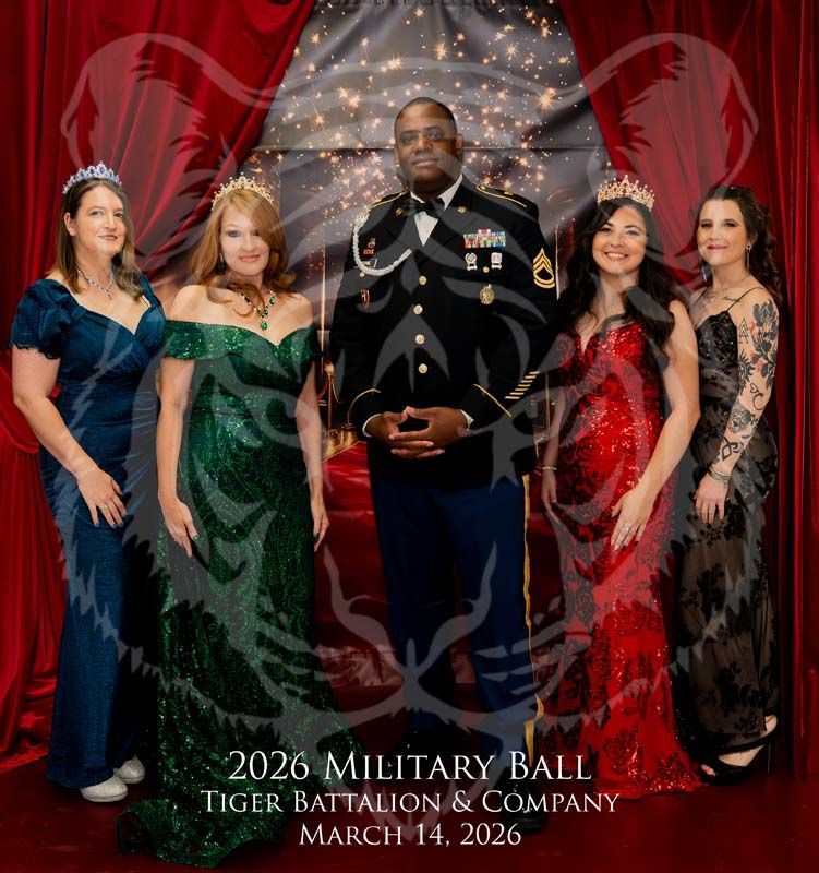 Five people in formal wear pose for a military ball portrait in front of a red curtain background with text overlay.