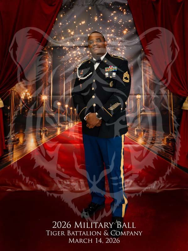 A person in a formal military dress uniform stands on a red carpet at the 2026 Tiger Battalion & Company Military Ball.