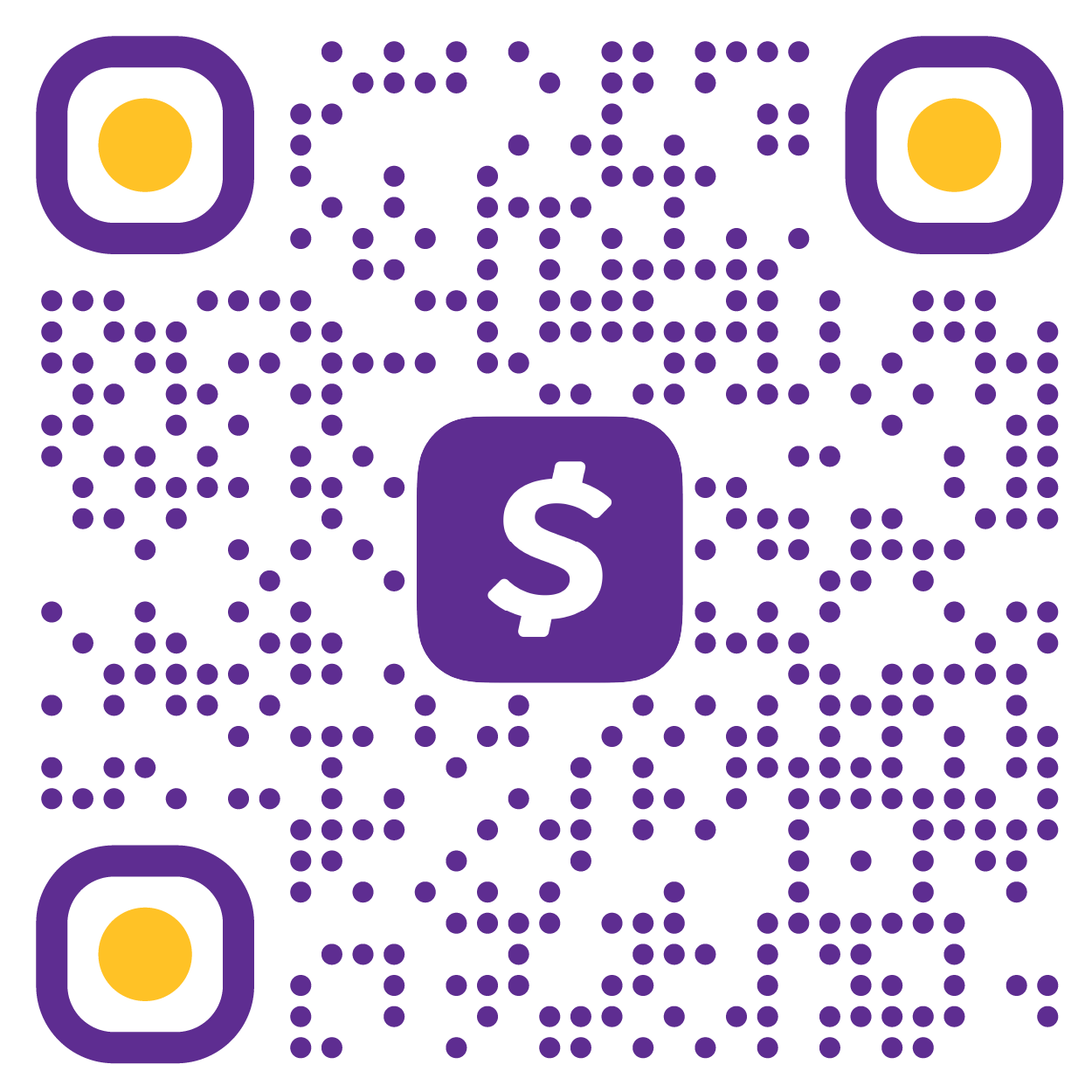 A purple Cash App QR code with a central dollar sign icon on a white background.