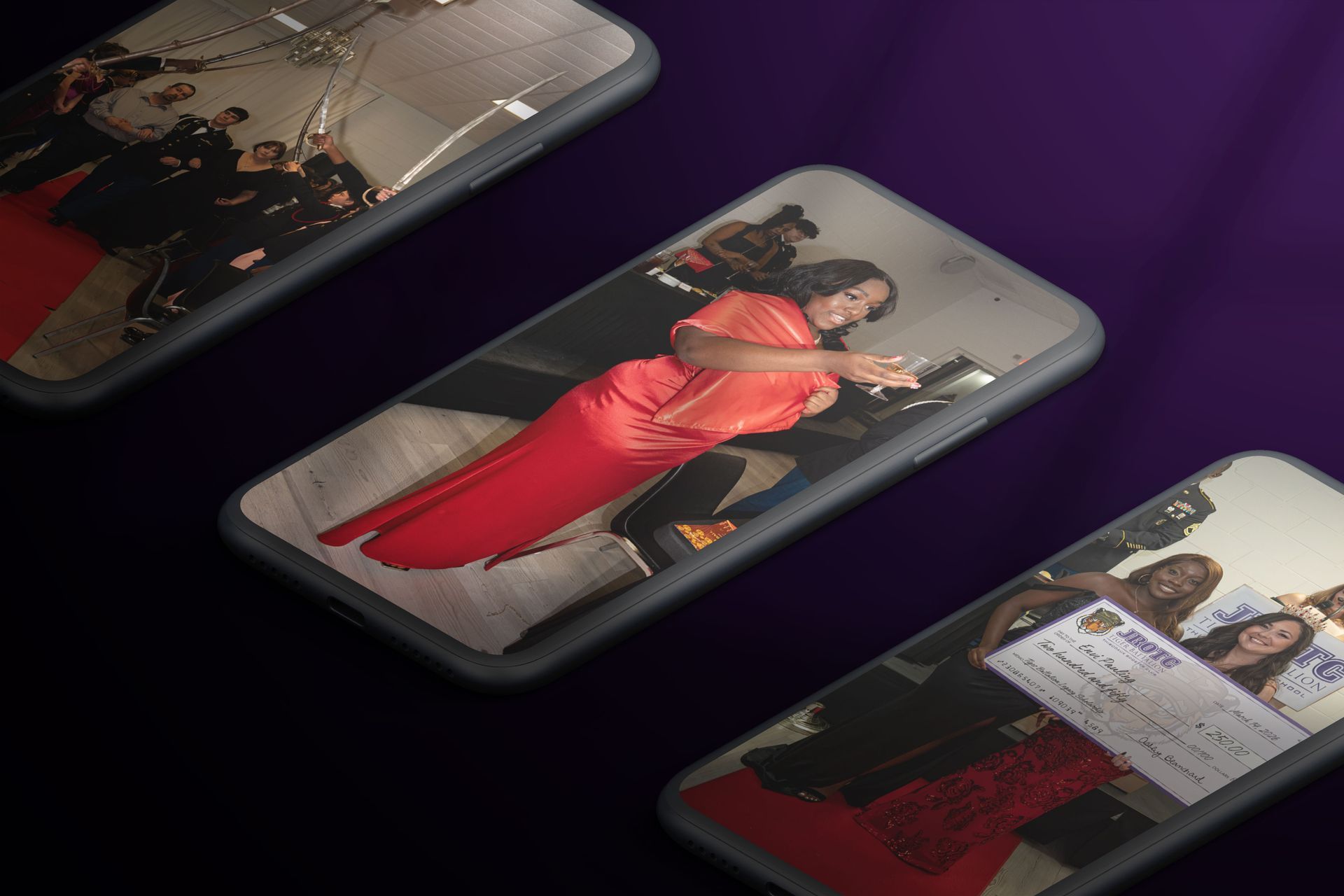 Three smartphones displayed at an angle against a dark purple background, showing photos of people at a formal event.