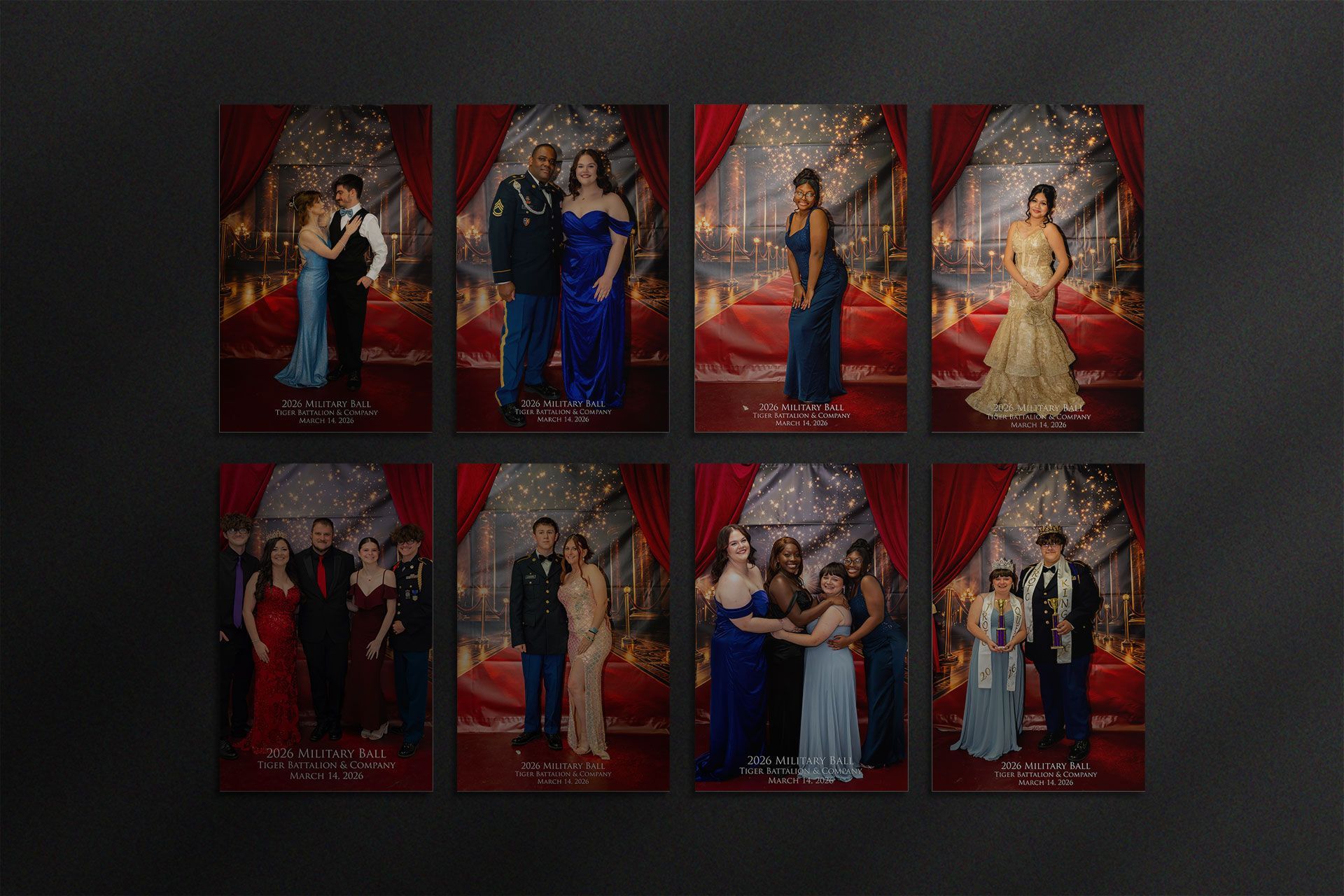 A grid of eight photos featuring people in formal attire posing in front of a backdrop with red curtains and lights.