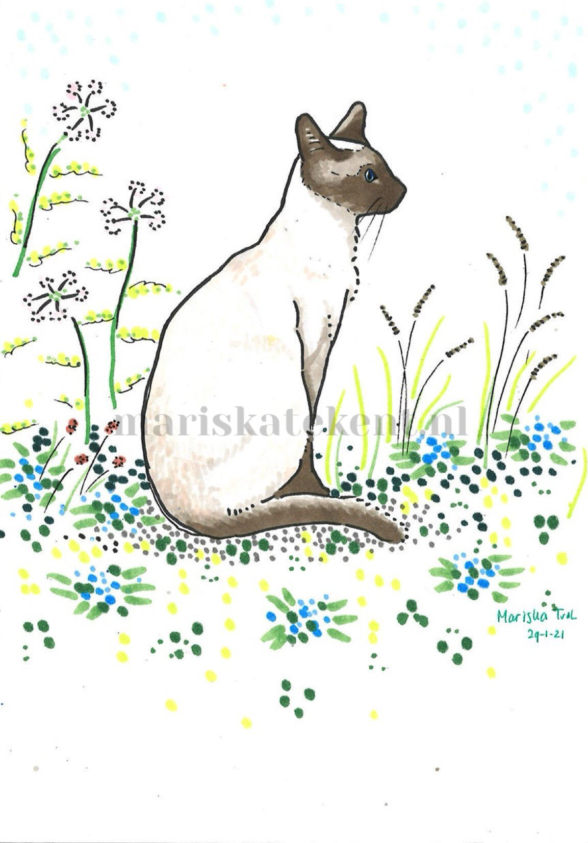 Mariska tekent tekening kat siamees