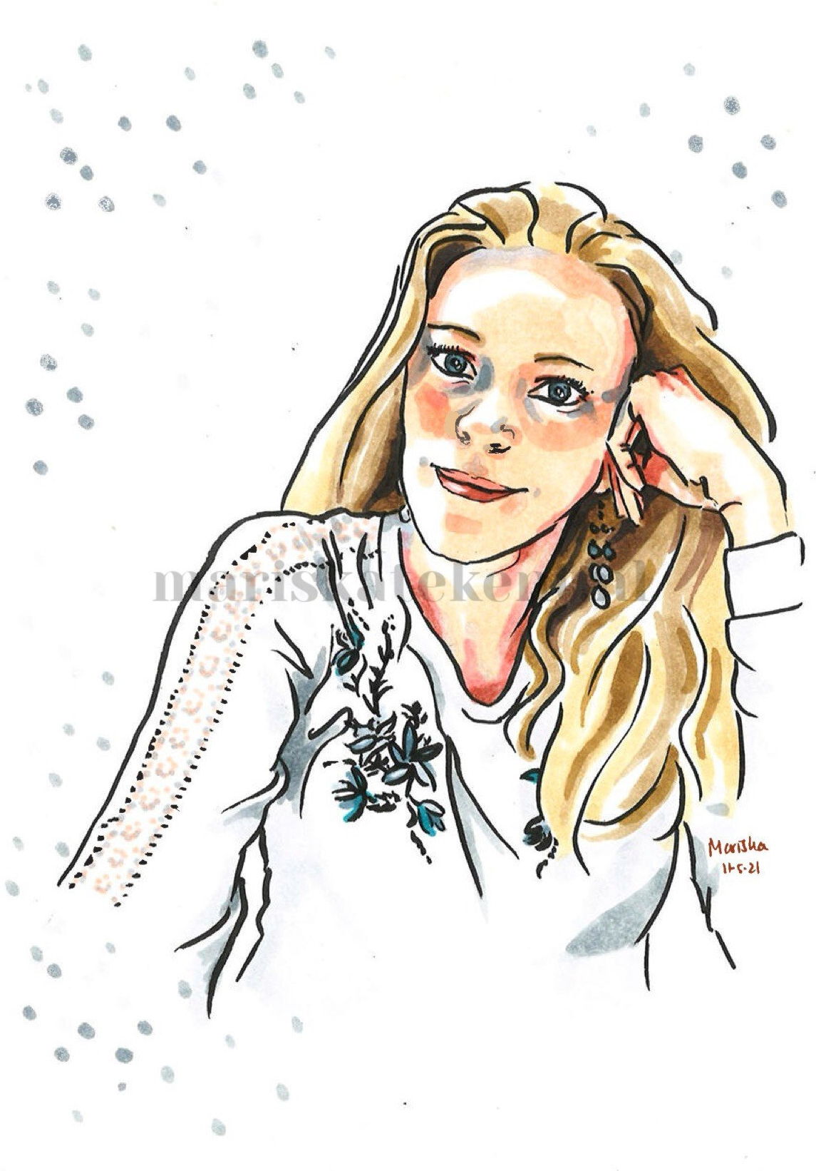 Mariska tekent tekening zelfportret