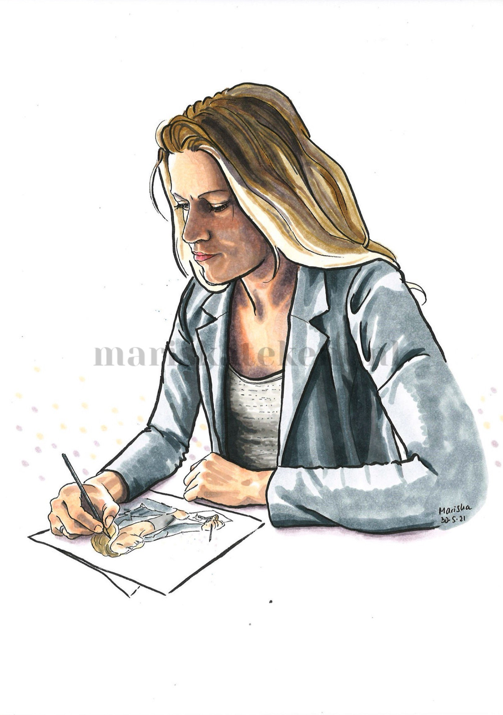 Mariska tekent tekening tekenend zelfportret