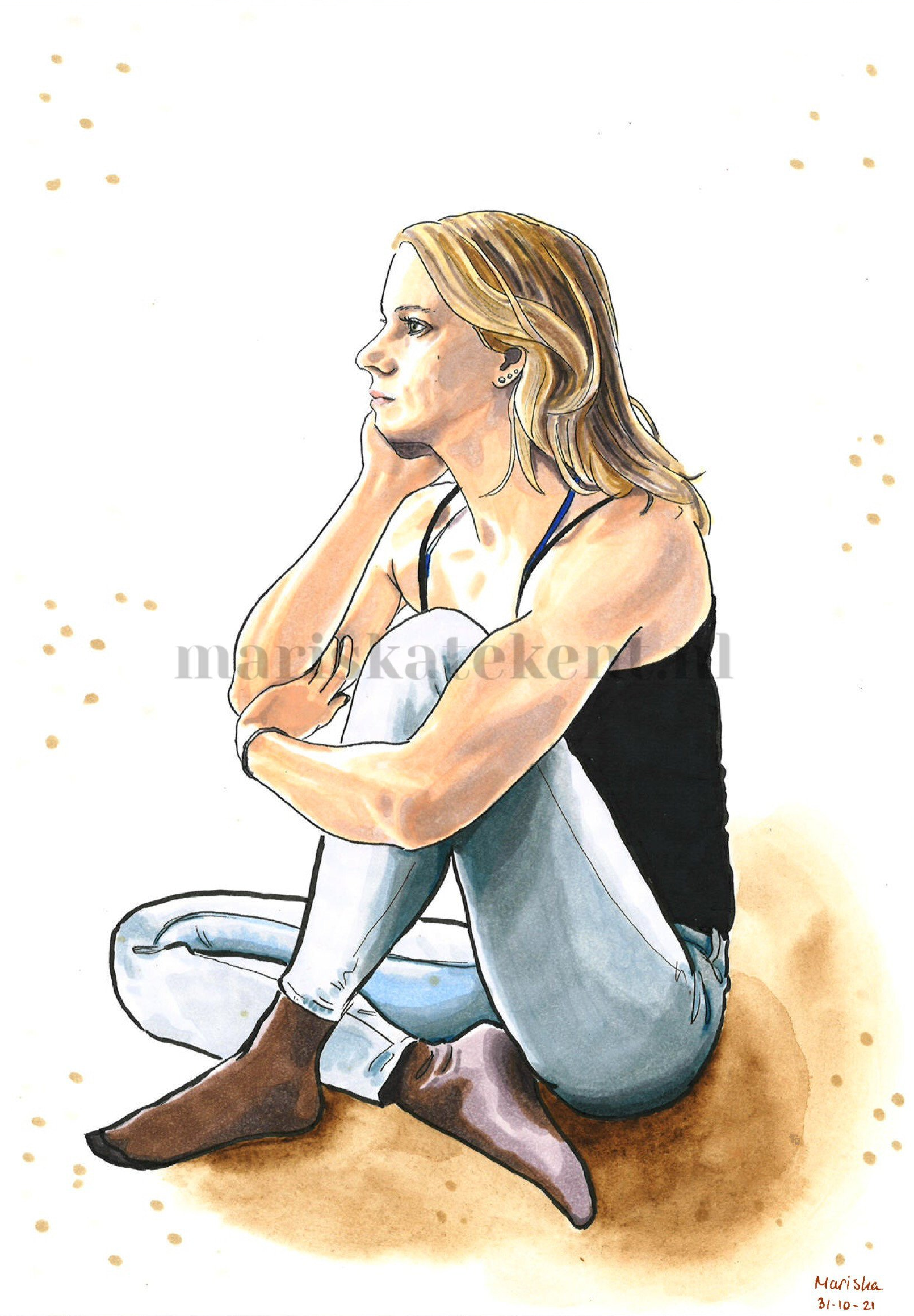 Mariska tekent tekening zelfportret