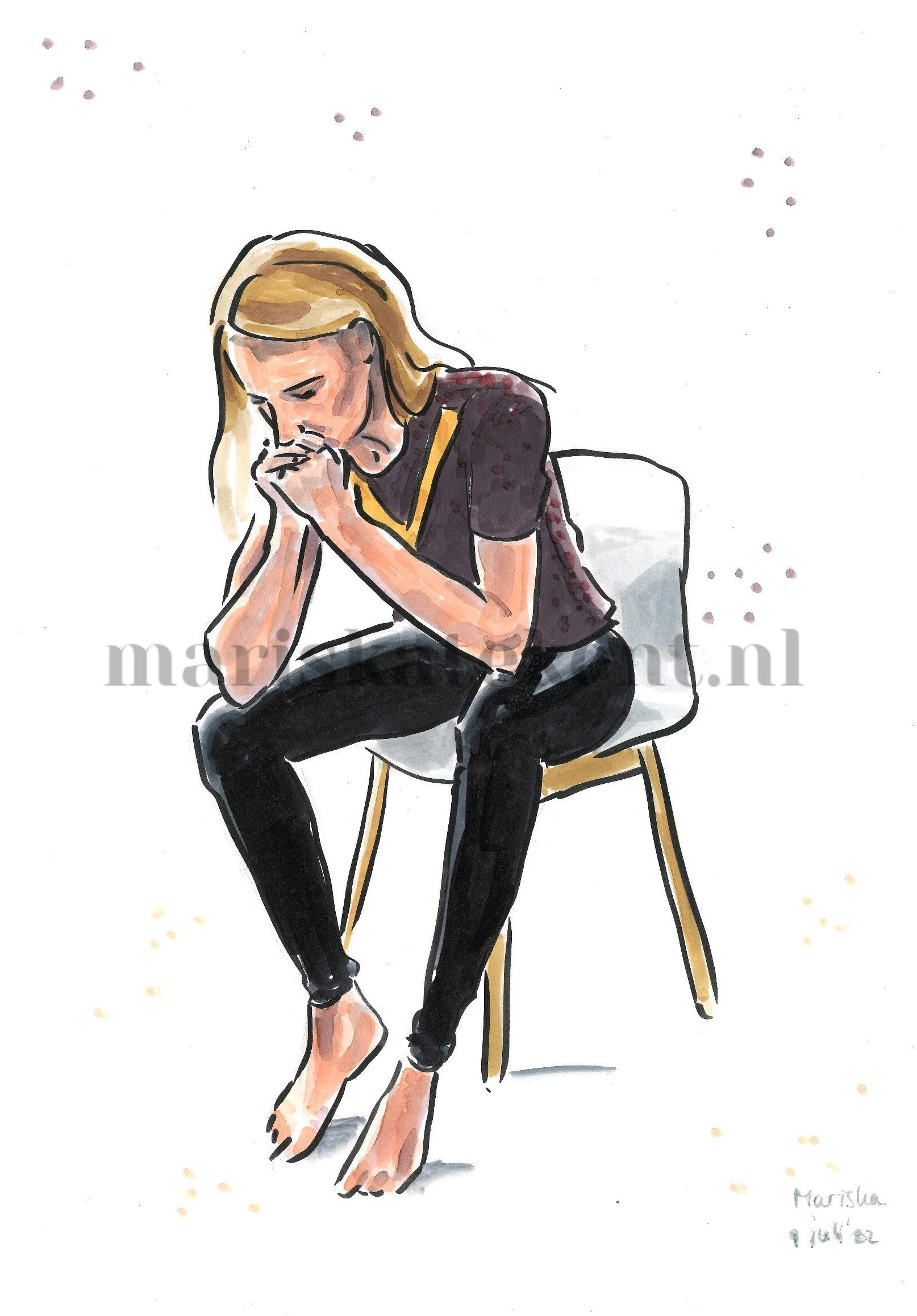 Mariska tekent tekening zelfportret stoel