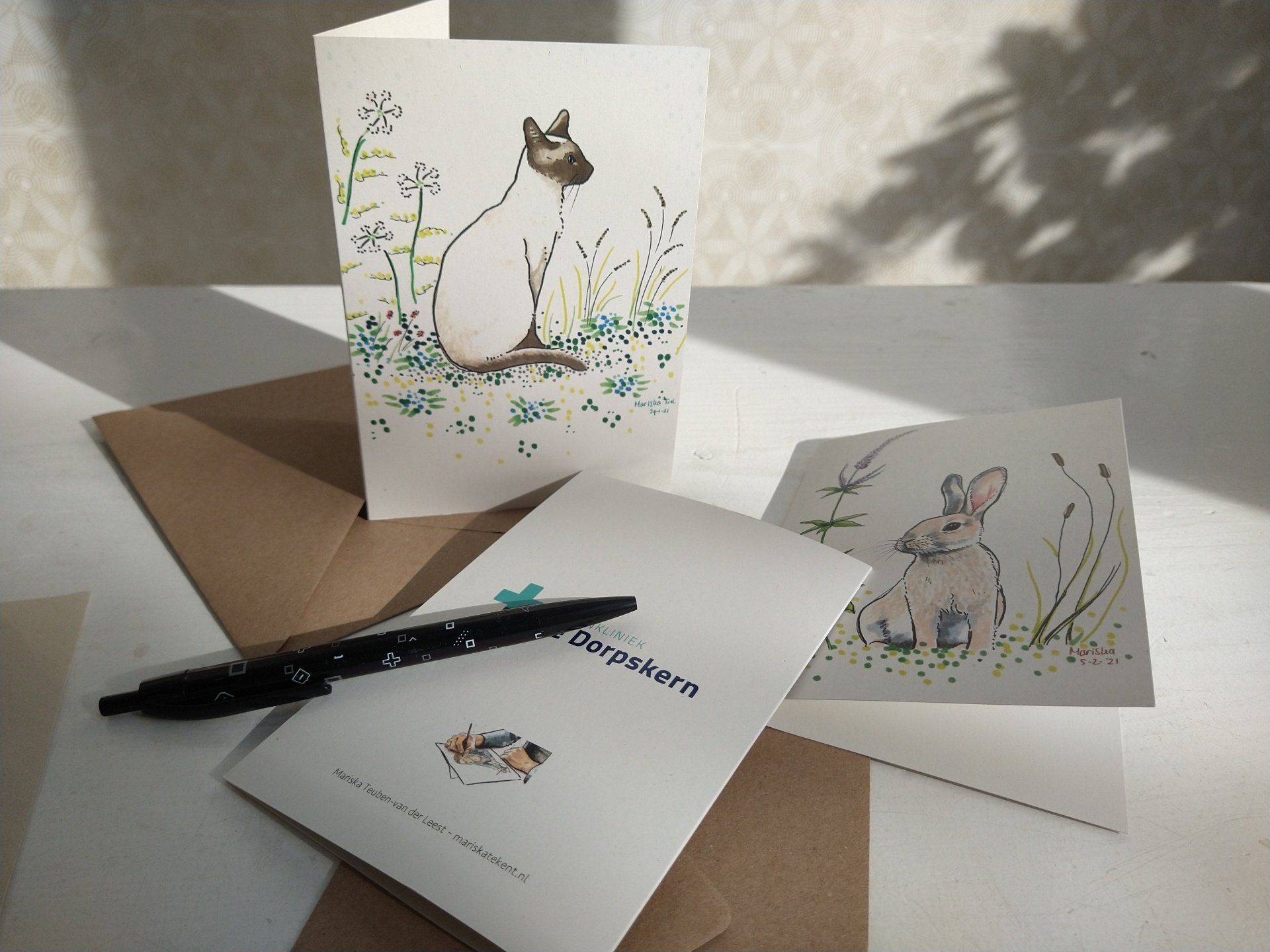 Rouwkaartje dier kat konijn tekening dierenkliniek mariska tekent