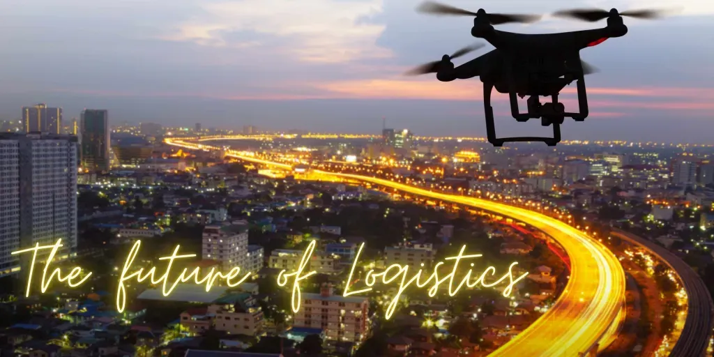 A drone is flying over a city at night.