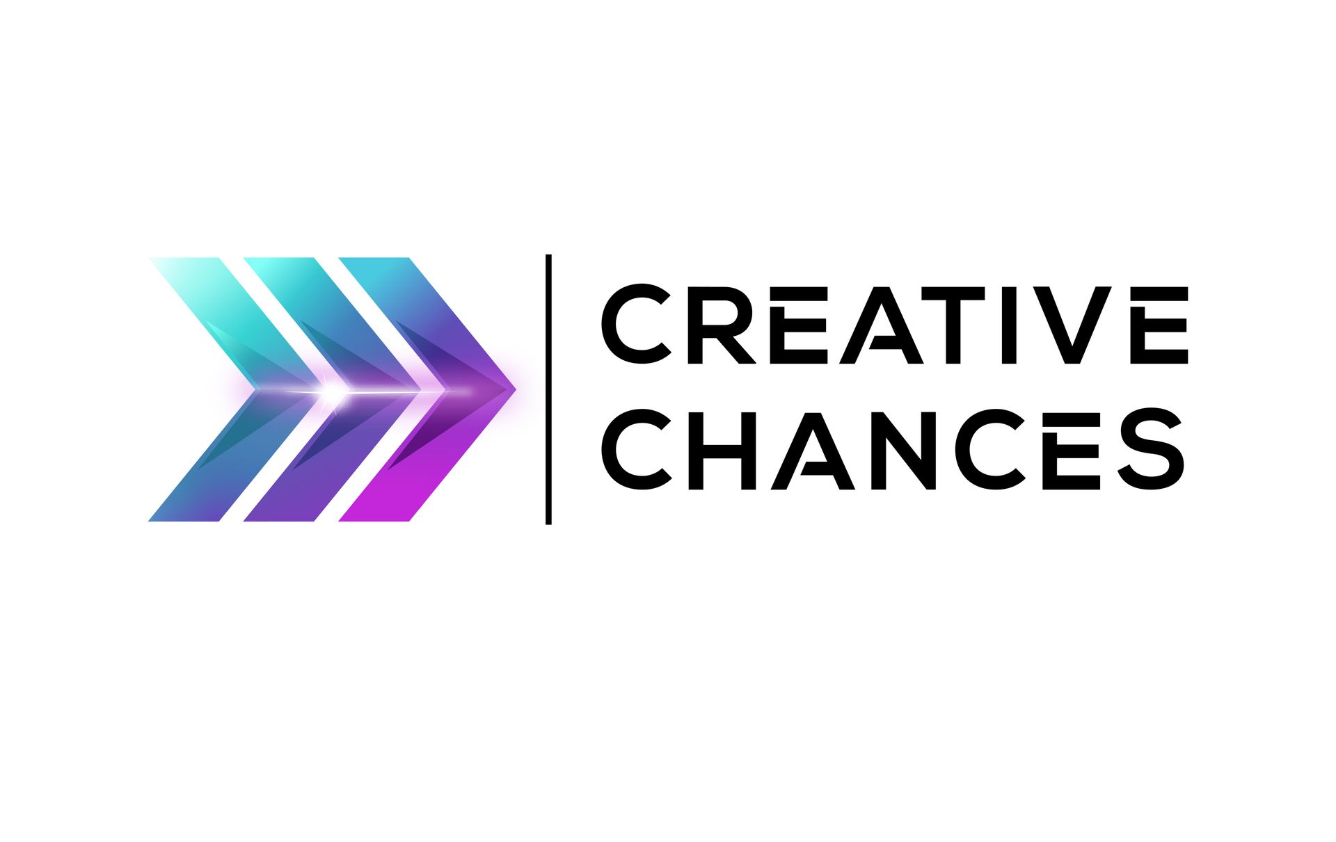 Logo: Arrow icon with teal, purple gradients, next to text 