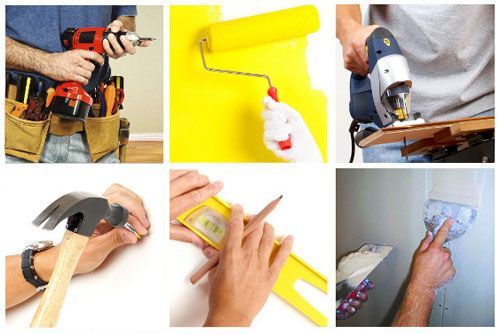 A handyman in blue overalls performing various home repairs, including gutter cleaning, window fitting, and front door work.