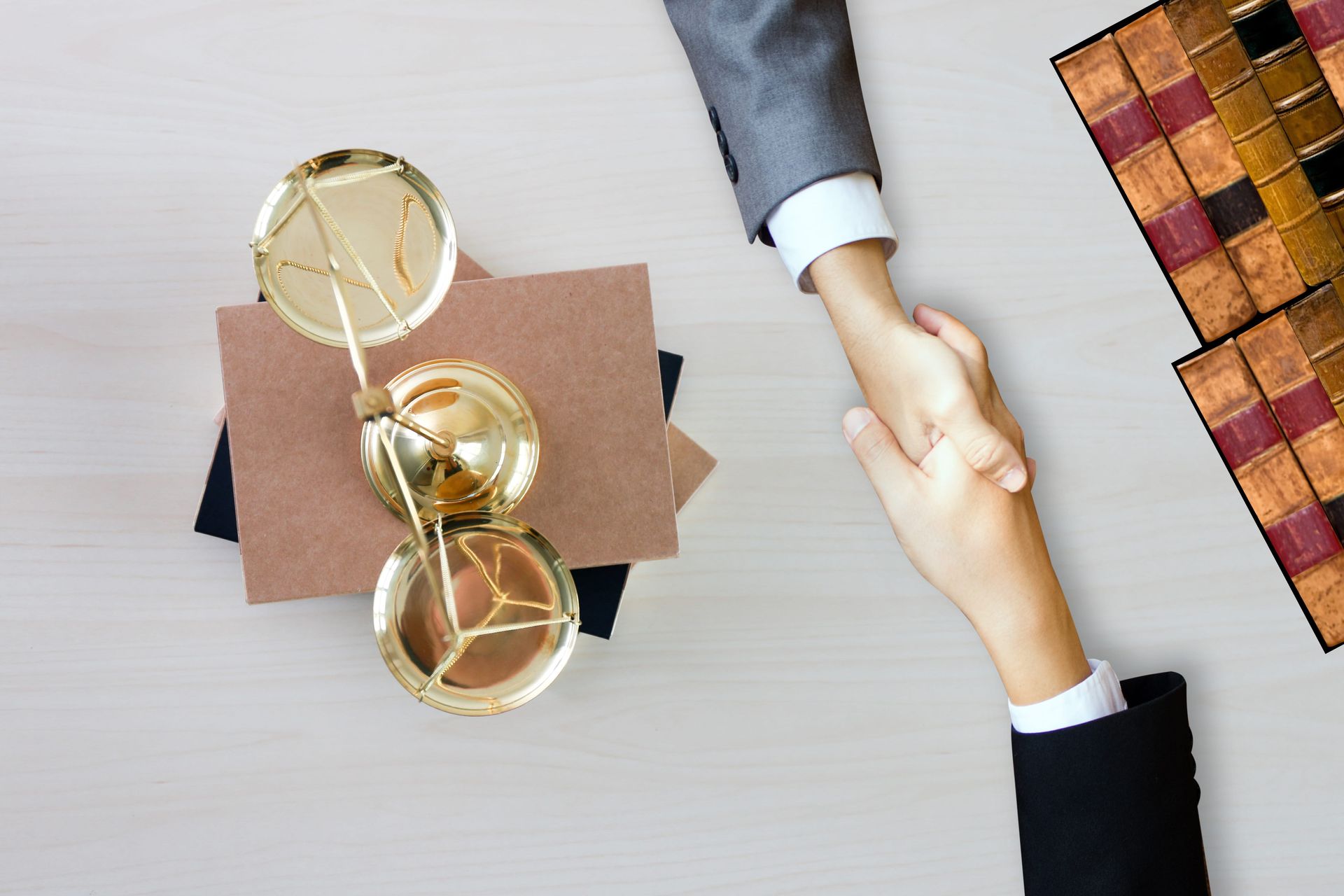 Two people in suits shake hands over a table featuring a gold scale of justice and several law books.