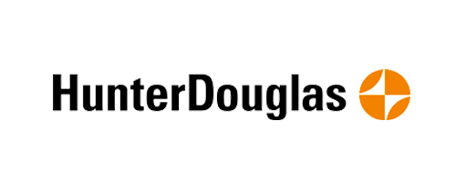 HunterDouglas logo in black text with an orange circular icon on a white background