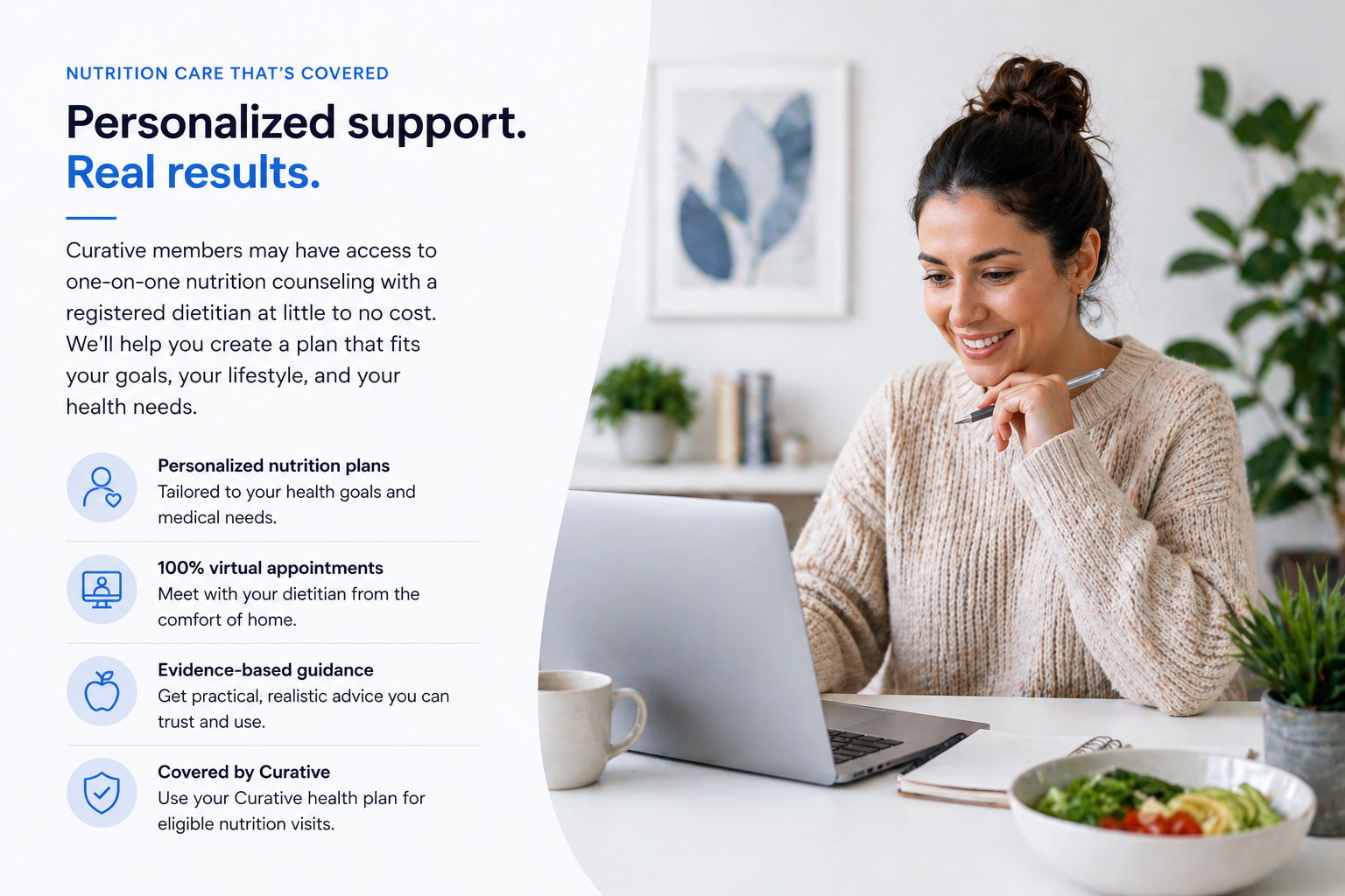 Woman taking notes during a virtual nutrition counseling session with a registered dietitian at home