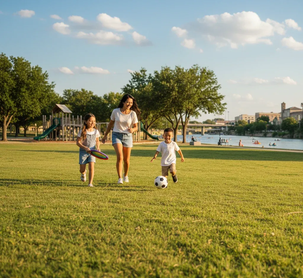 a happy family playing on a park in New Braunfels, TX