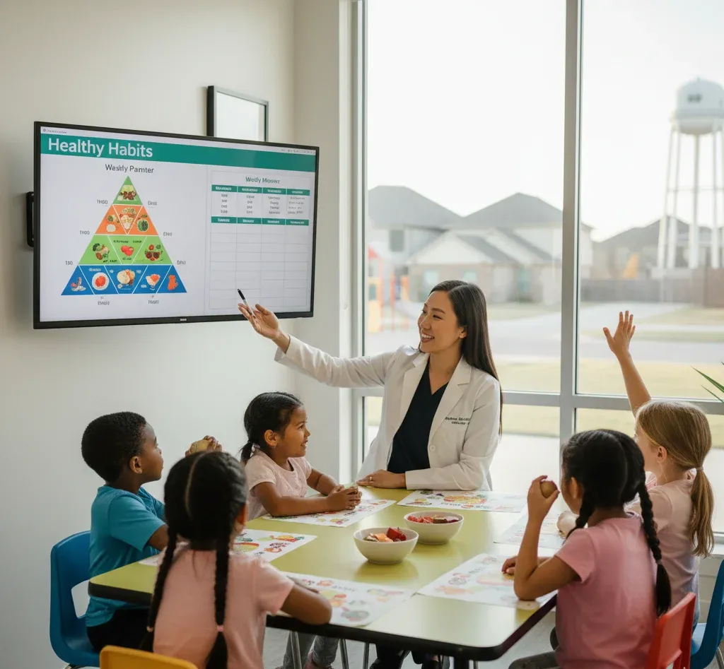a nutritionist teaching young kids at Katy, TX