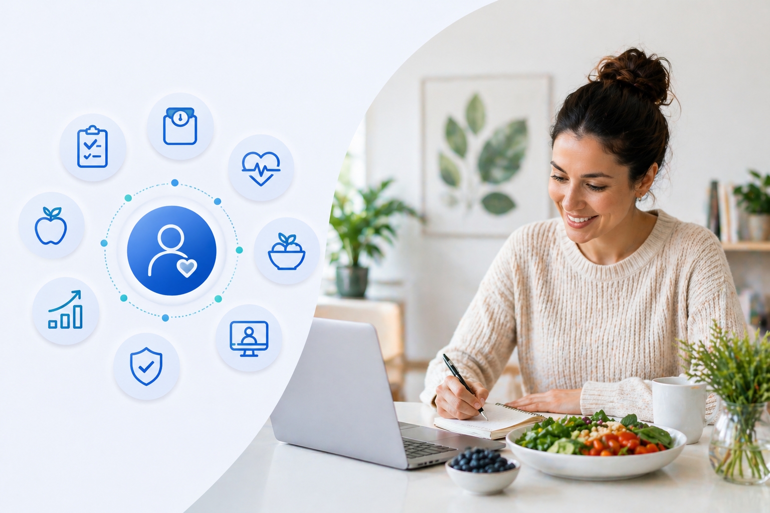 Woman taking notes during a virtual nutrition counseling session with a registered dietitian at home