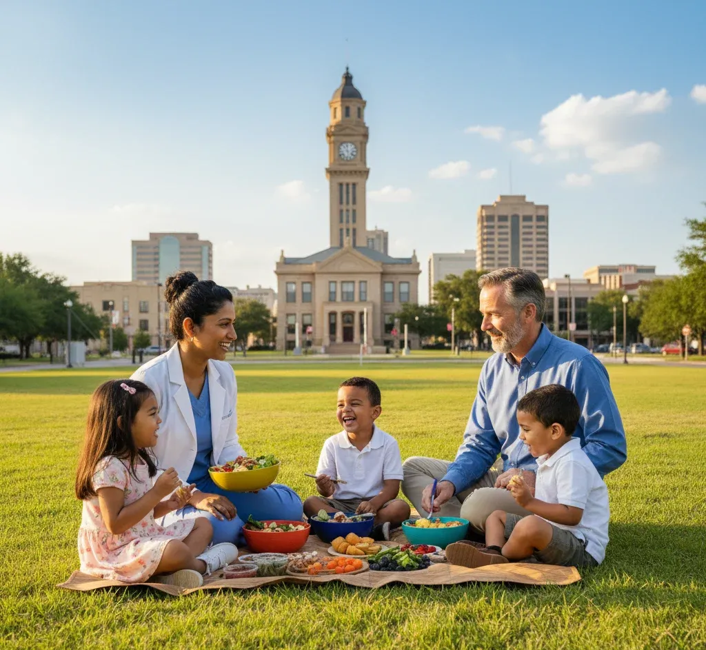 happy family eating a healthy meal in Denton, TX
