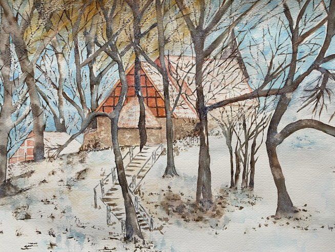 Bliedersdorfer Kirche im Winter, ein Aquarell von Karin Quoohs