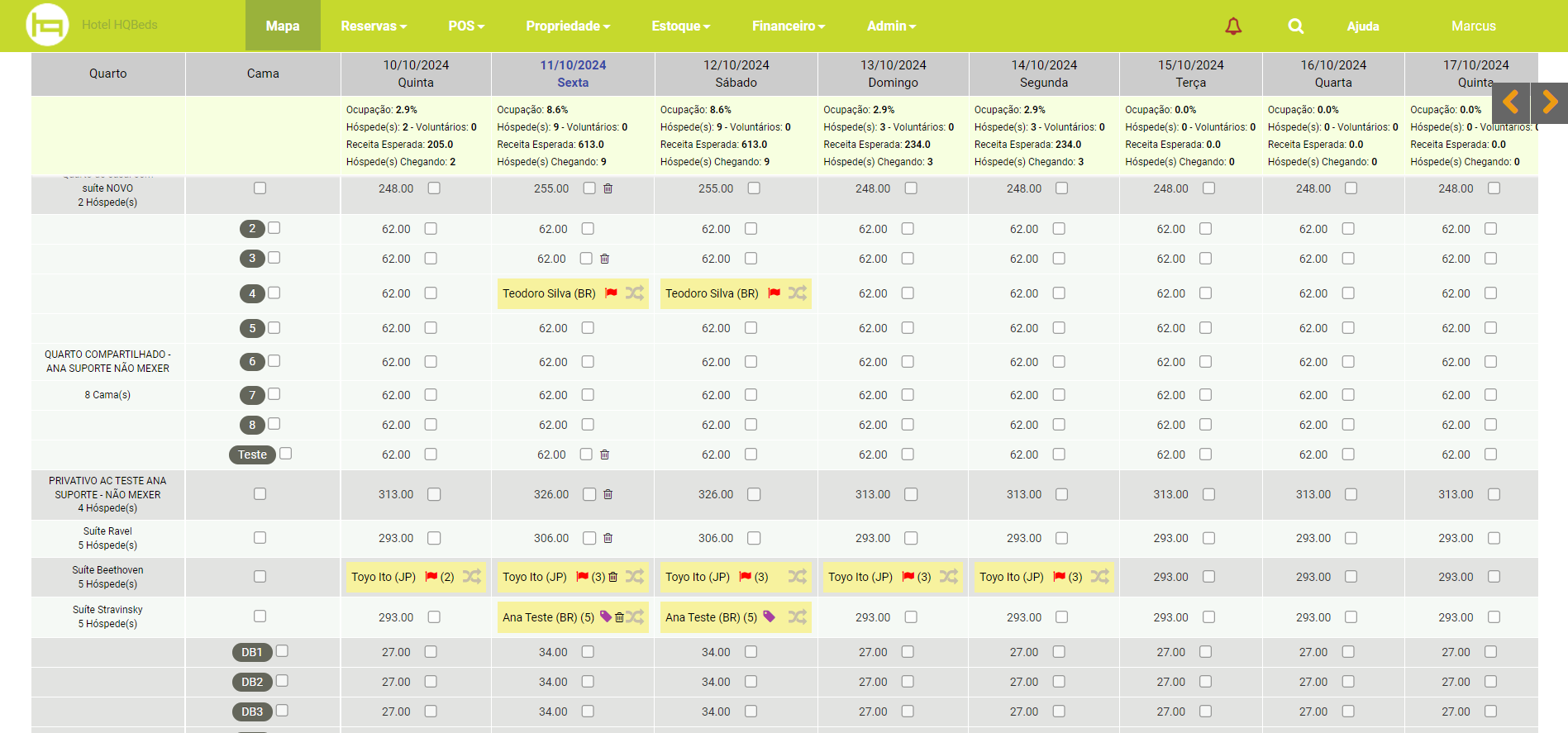 Sistema de gestão hoteleira - Mapa de Reservas da HQBeds