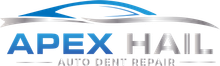 Logo for Apex Hail Auto Dent Repair featuring blue text and a stylized car roof graphic in blue and silver.