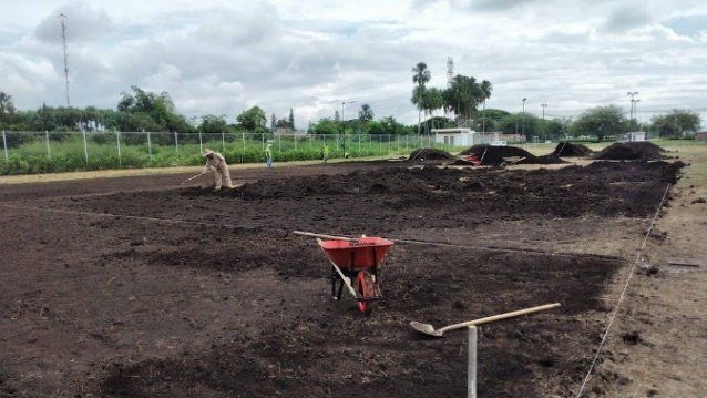 Una carretilla está parada en el medio de un campo de tierra.