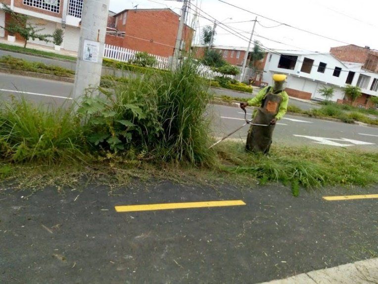 Un hombre está cortando el césped al costado de la carretera.