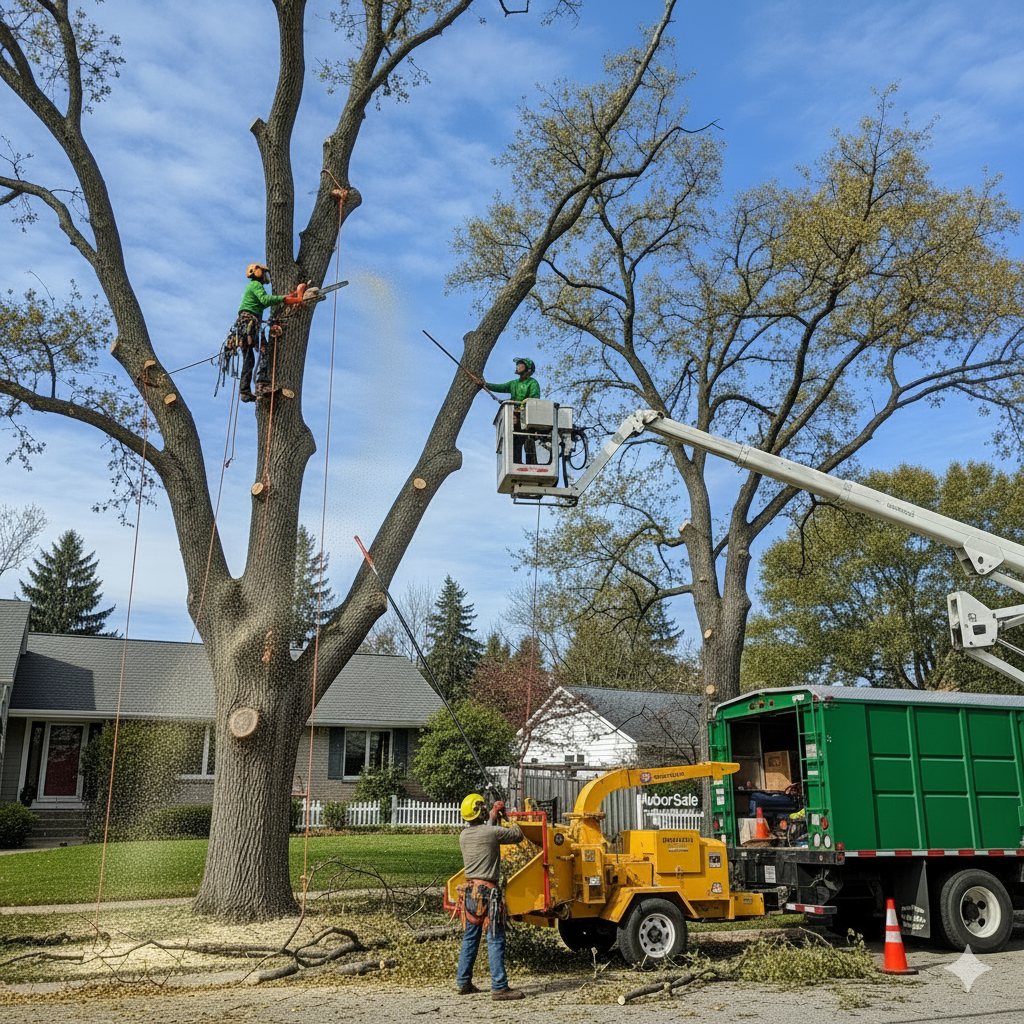 Tree trimmers in action: One in tree, one in lift, one operating chipper, with truck and residential backdrop.