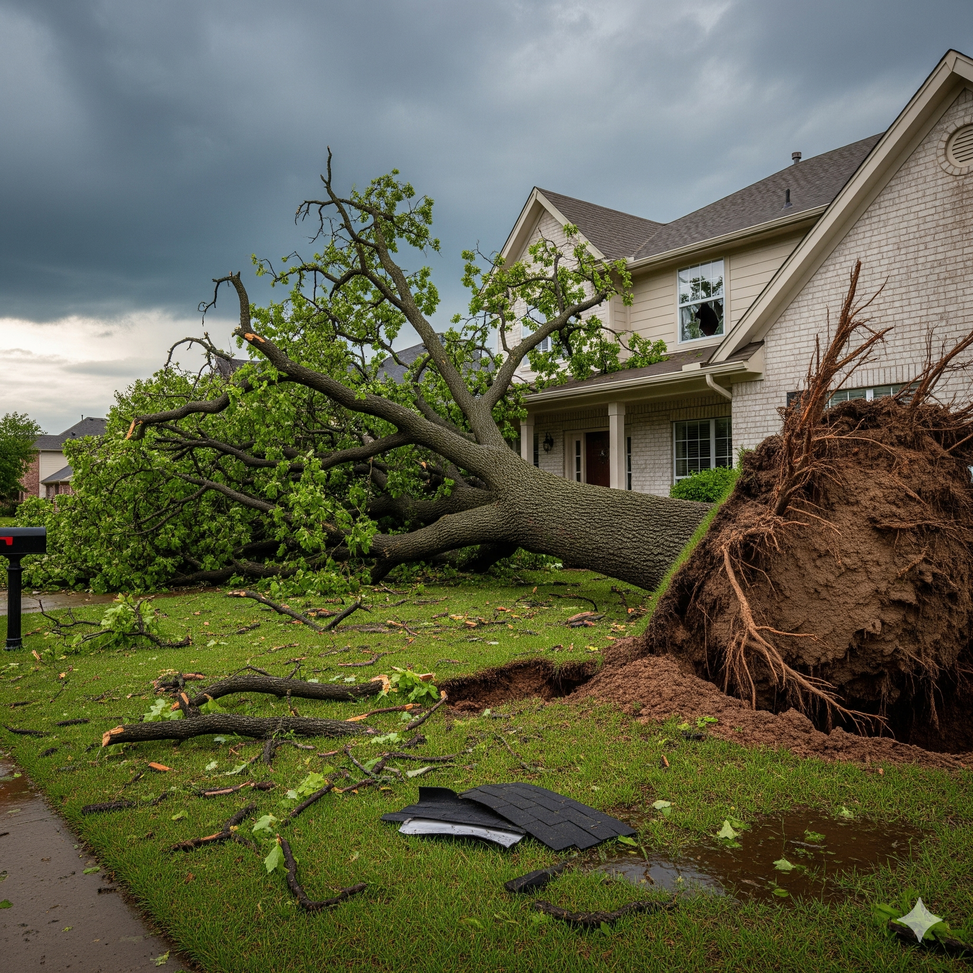 A large tree fallen onto a house after a storm; uprooted roots, debris, dark sky.