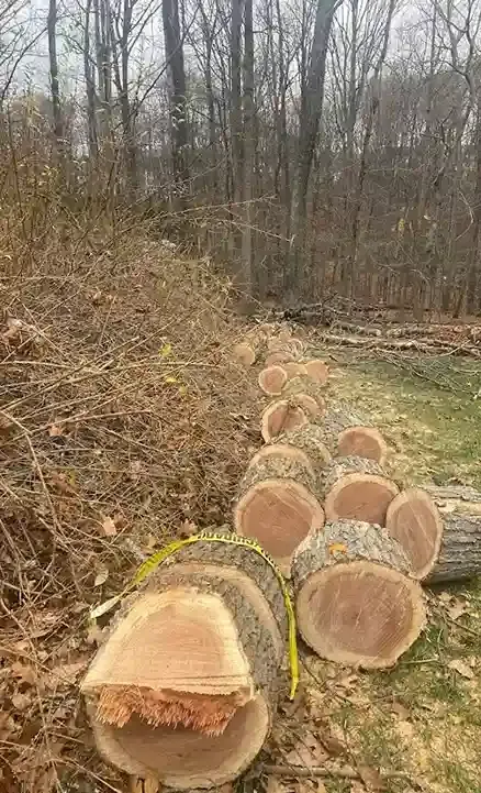 Cut tree trunk sections lined up in a grassy area, forest background.
