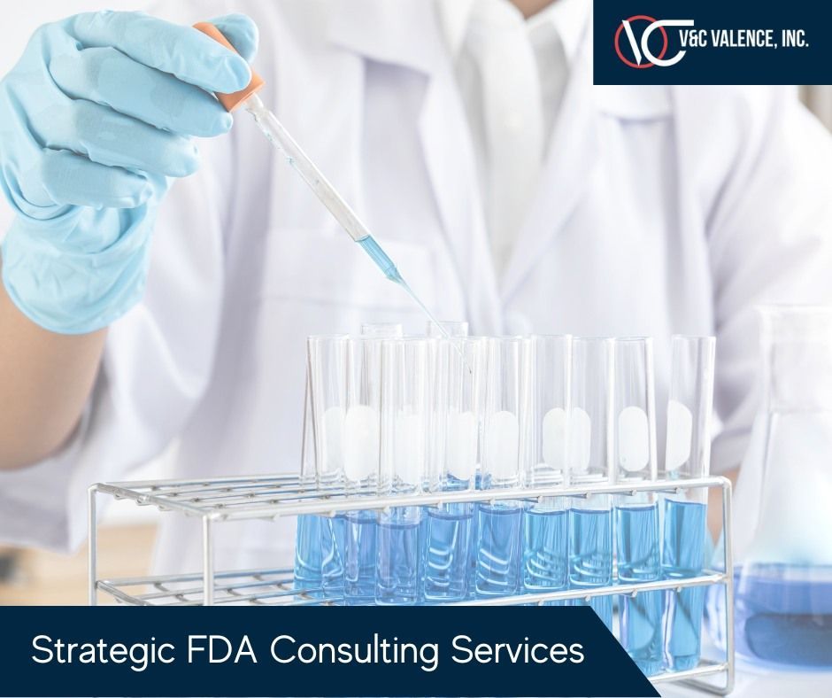 Scientist in lab coat and gloves dispensing liquid into test tubes, for Strategic FDA Consulting Services.