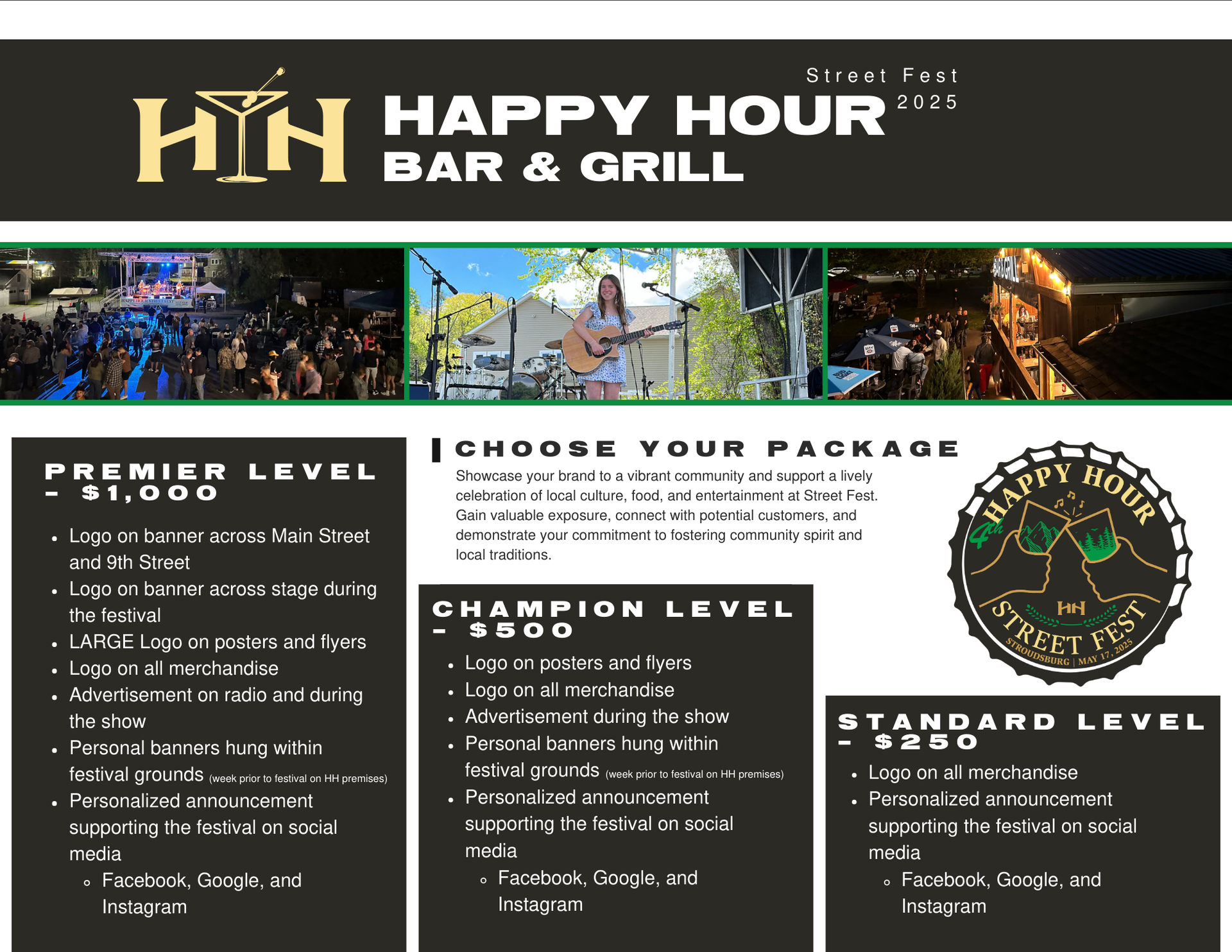 A poster for a happy hour bar and grill