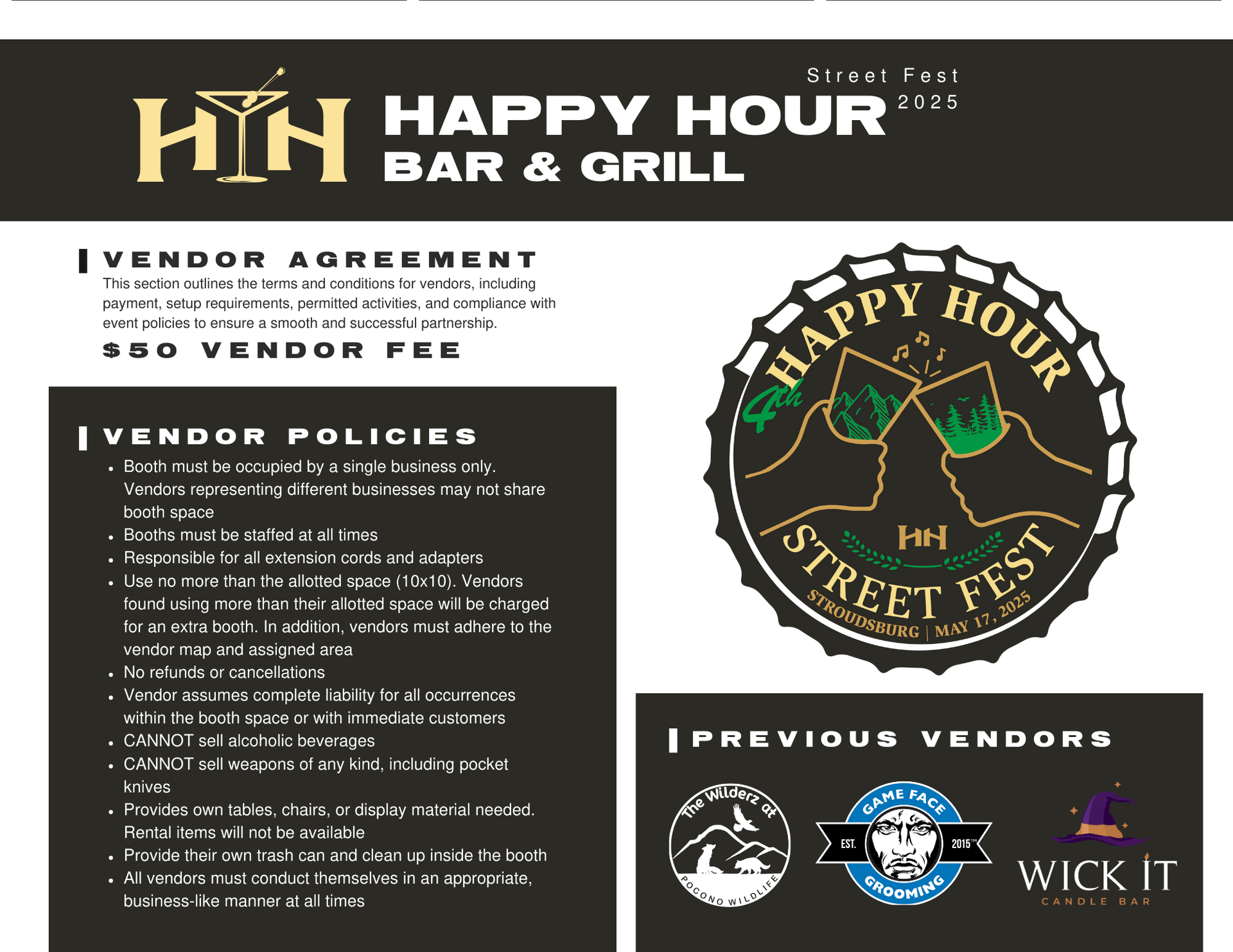 A poster for a happy hour bar and grill