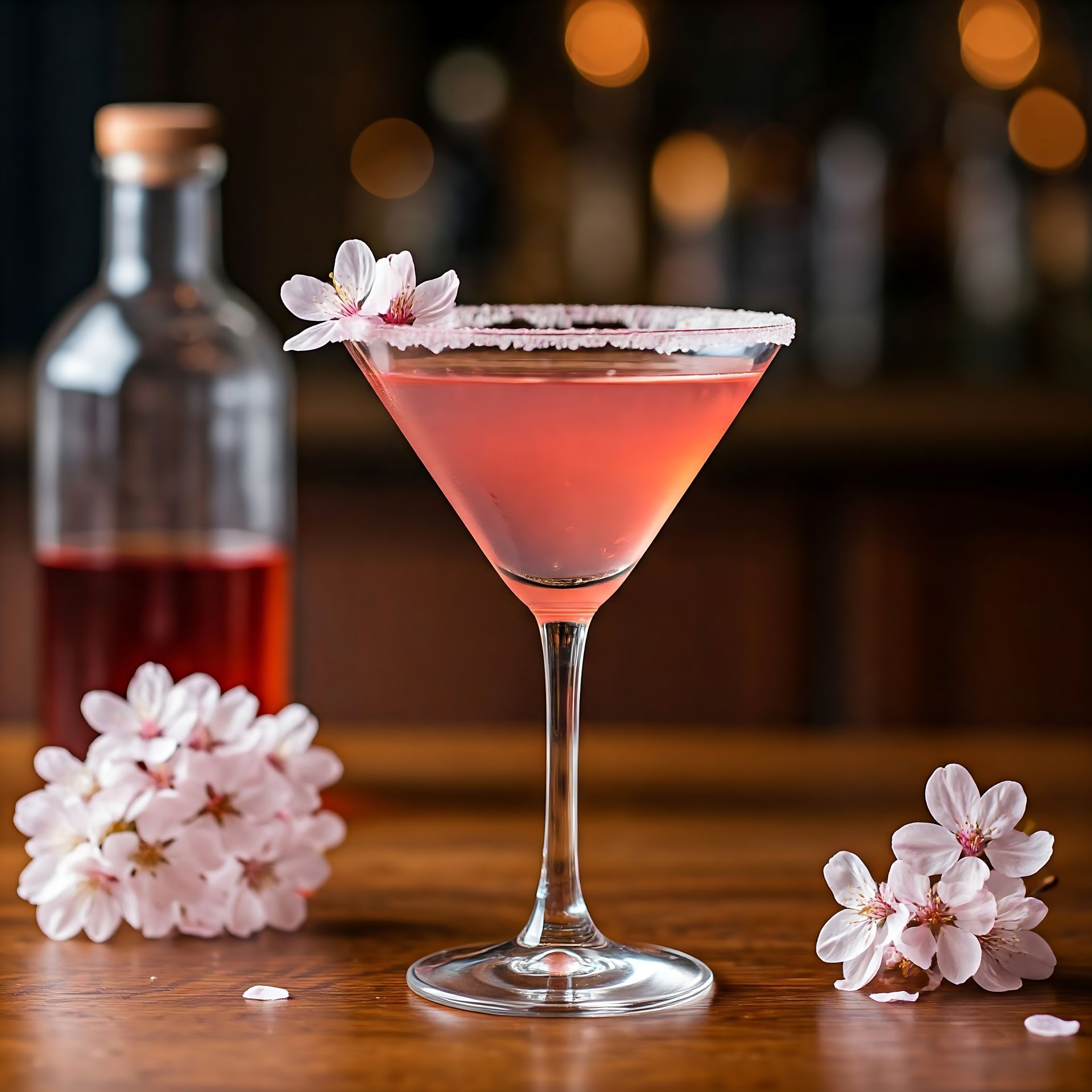 Pink cocktail in a martini glass, garnished with flowers, on a wooden bar with a bottle.