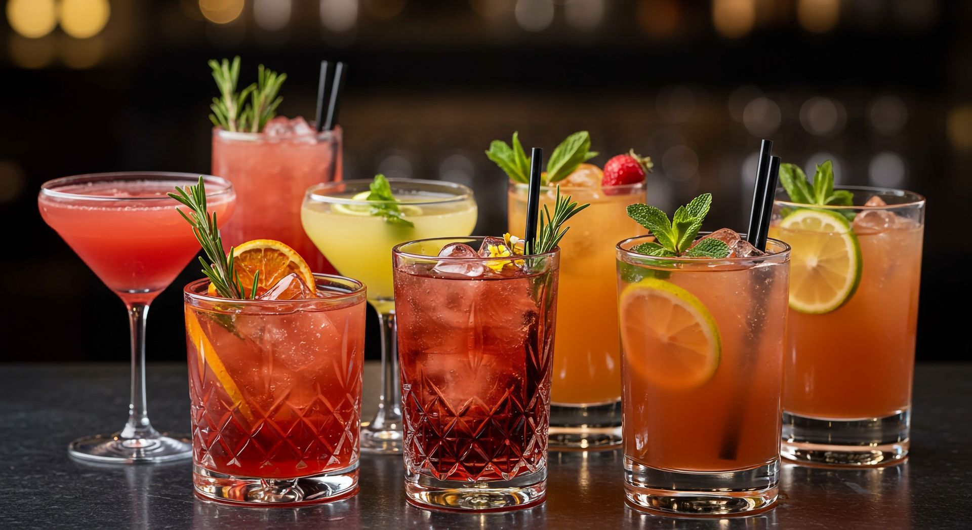 Various colorful cocktails garnished with fruit and herbs, arranged on a bar.