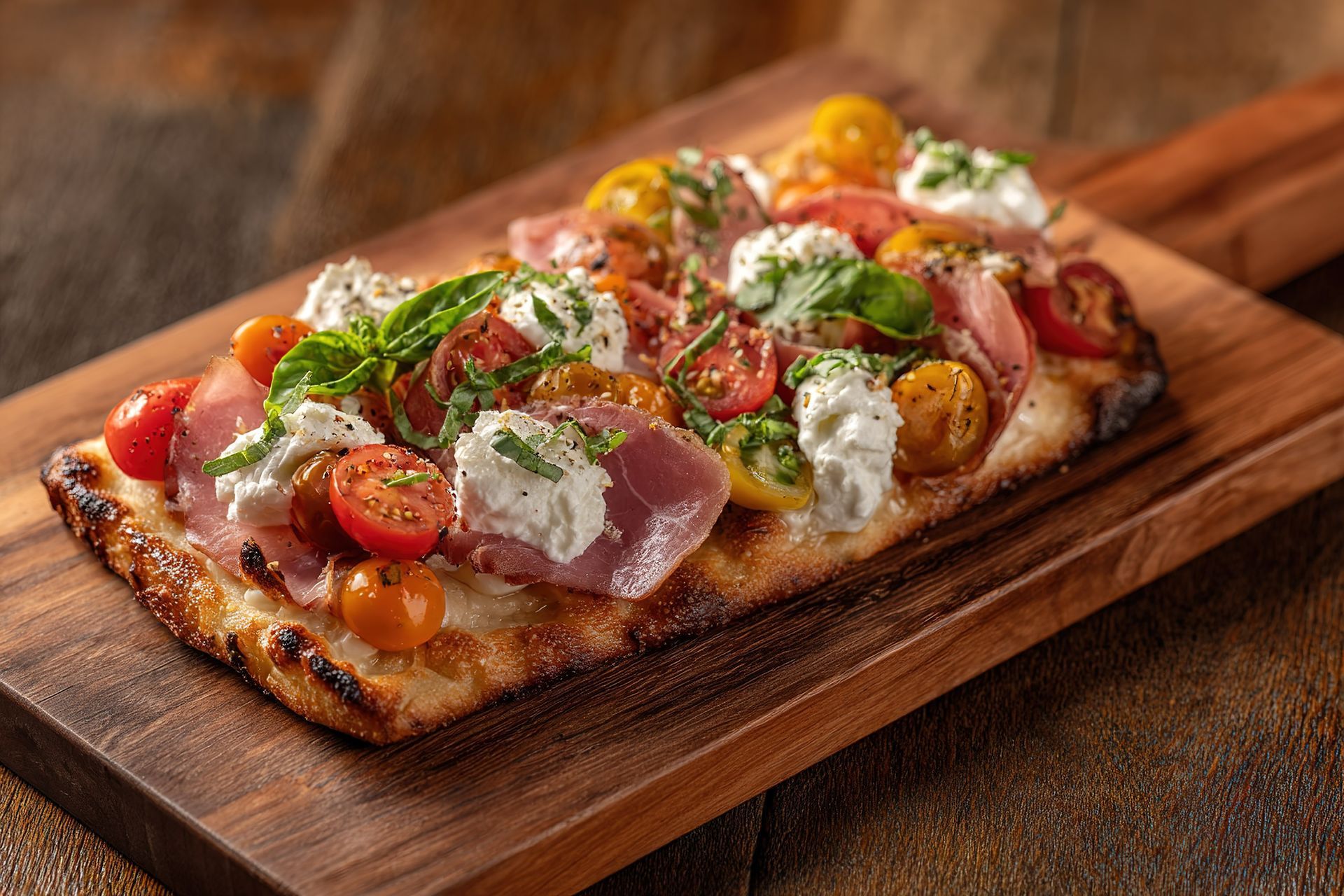 A rectangular flatbread topped with prosciutto, cherry tomatoes, dollops of ricotta, and fresh basil on a wooden board.
