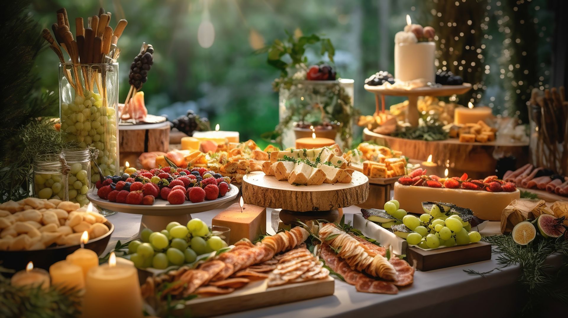 Buffet table with cheese, fruit, and pastries, outdoors. Candles and greenery surround food on wooden platters.